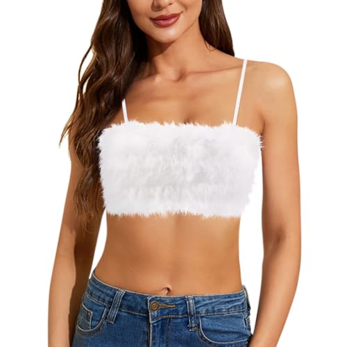 TYNORA Women's Faux Fur Crop Top Spaghetti Strap Tube Tops Strappy Cami for Concert Club Party2