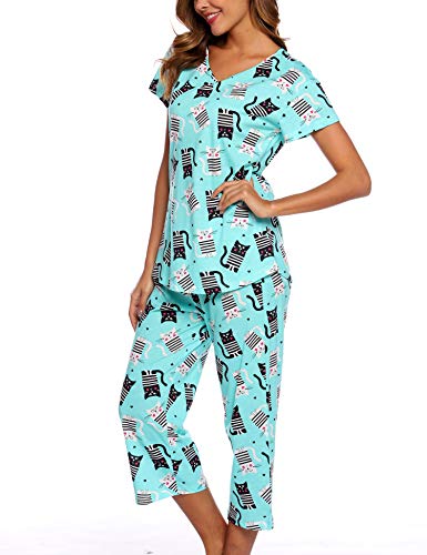 Image of ENJOYNIGHT Womens Pajama Sets Cotton Pj Set Short Sleeve Top With Capri Pants Sleepwear 2 Piece Lounge Set