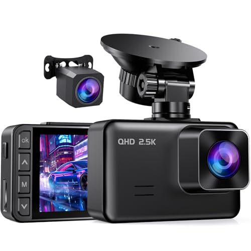 Dash Cam Front and Rear, 2.5K+1080P Dual Dash Camera for Cars, 2’’ Display Mini Car Camera, G-Sensor Dashcam, Night Vision, 24H Parking Mode, Loop Recording, 170°Wide Angle, 32GB Card Included