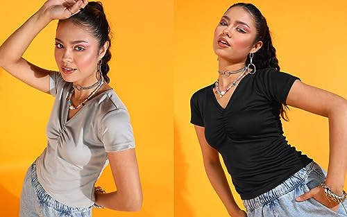 Image of POPWINGS Casual Solid V-Neck Short Sleeves Summer Wear Tops Combo for Women