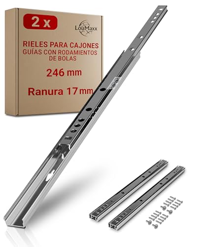 LouMaxx Set de 2 Correderas de Bolas (1 par) - Guías cajón para Bolas 240 mm 17 mm de ranura, sistema de correderas para cajones de