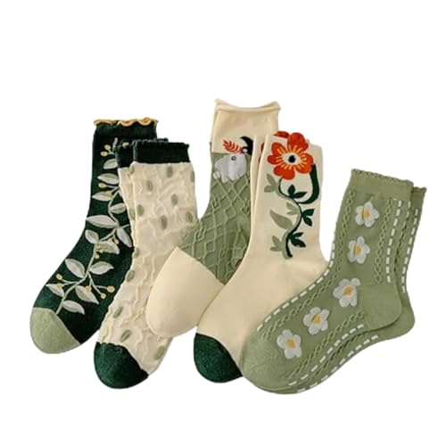Women Combed Cotton Crew Socks 5 Pairs - Floral Embroidery Cotton Socks, Comfortable Fashion for Women