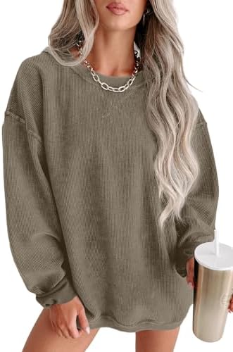 QIXING Damen Sweatshirt Oversize Pullover Rundhals Baumwollpullover Langarm Cordpullover Tops Herbst Mode Outfits 2025