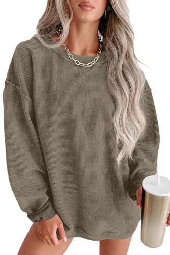 QIXING Damen Sweatshirt Oversize Pullover Rundhals Baumwollpullover Langarm Cordpullover Tops Herbst Mode Outfits 2025(Dunkles Khaki, XXL)