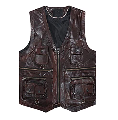 Gilet en cuir de vache véritable marron pour homme grande taille 7XL avec fermeture éclair