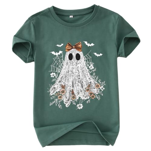 Halloween Shirts for Girls Floral Bow Lace Ghost T-Shirt Kid Spooky Season Outfit Boho Short Sleeve Tees Fall Tops