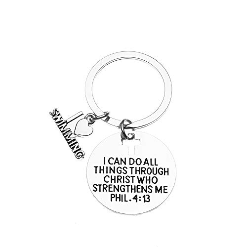 Swim Charm Keychain, Christian Faith Charm Keychain, I Can Do All Things Through Christ Who Strengthens Me Phil. 4:13 Scripture Jewelry, Swimming Gifts