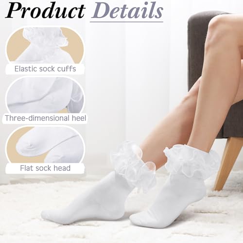 Image of Geyoga 3 Pairs Women Big Ruffle Socks Turn Cuff, Double Lace Ankle Cotton Frilly Socks for Ladies Summer