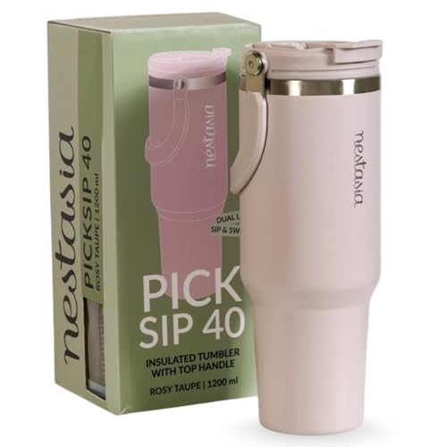 Nestasia PickSip40 Tumbler with Straw & Top Handle 1.2L | Insulated Stainless Steel Sipper Water Bottle for Adults with Dual Flip Opening Sip-Swig Lea