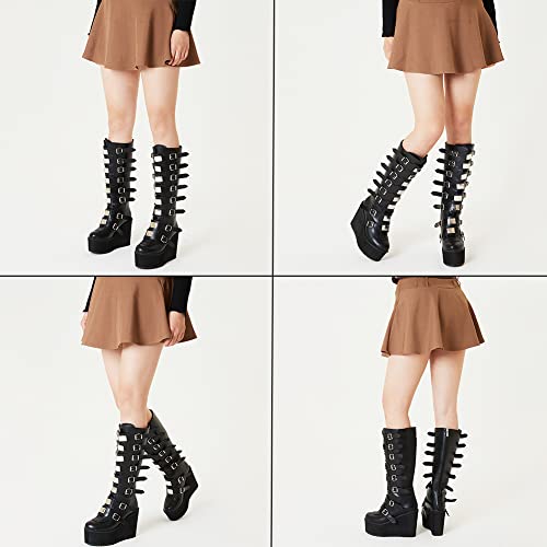 Celnepho Womens Chunky Platform Knee High Boots High Heel Round-Toe Zip Punk Goth Mid Calf Combat Boots For Women #TOP3