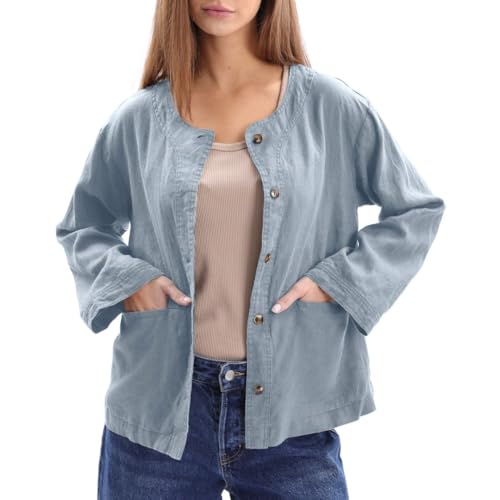 Image of Amazhiyu Women's 100% Linen Long Sleeve Button Up Crew Neck Lightweight Cardigan