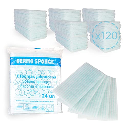 Queraltó, Esponjas jabonosas desechables, para adultos, Niños, Bebés, 5 Packs de 24 Esponjas, Uso casi sin agua, Hidratante, Suaves