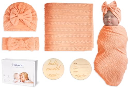 Image of Golener Muslin Swaddle Blankets - Sleepea Swaddle with Bow Headbands, Hats Set and Newborn Name Announcement Card, Stretchy Baby Blankets for Girls&Boys Unisex, Perfect for Newborn Photos (Peach)