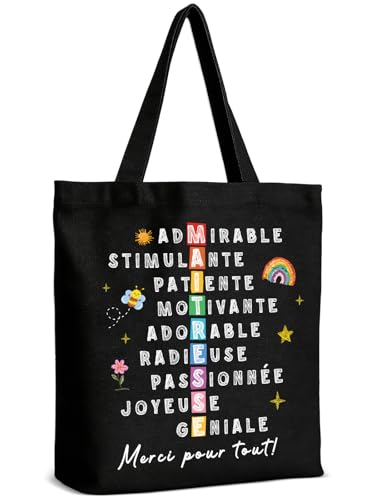 Leboria Cadeau Maitresse d'école, Sac en Coton pour Maîtresse - mots de compliments et motifs mignons, Merci maîtresse, Cadeau Maitresse d'école fin d'année