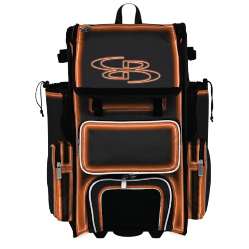 Boombah Rolling Superpack Baseball/Softball Gear Bag - Telescopic Handle - Holds 4 Bats - Wheeled Version - Electric Neon Black/Fluorescent Orange/White