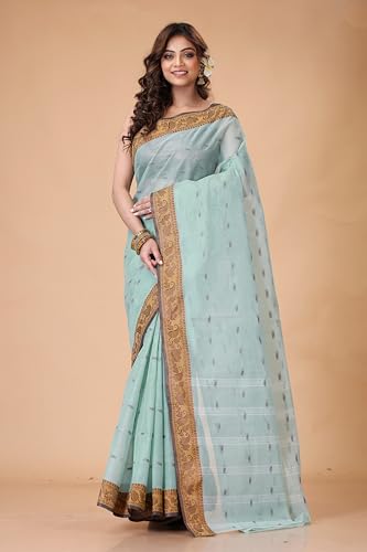 Image of Women's Traditional Bengal Tant Pure Cotton Design Border & Butta Tant Saree Without Blouse Piece