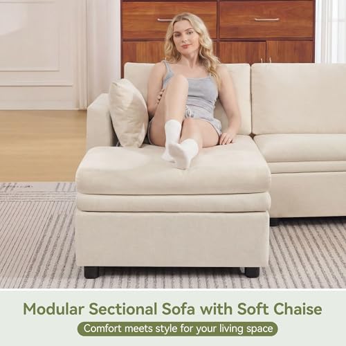 Image of 85 inch Sectional Couches with Right Chaise, Comfy Deep Dual-Layer Cushion Couch, 4 Seater L Shaped Couch, Modern Modular Sofa, Chenille Sofas for Living Room, Apartment, Beige