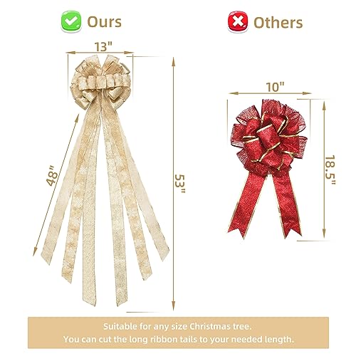 Choies Christmas Tree Topper Bow, 53x13 Inches Large Christmas Bow with Glitter Streamer and Patterned Ribbon,Bows Topper for Xmas Tree Wreath Door Christmas Home Decoration Champagne