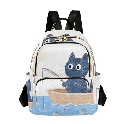 Nexawaveo Mochila acolchada para mujer, bolsa de mano para laptop de 14 pulgadas, ligera, mochila de trabajo, lindo gato y ciervo, Lindo gato en barco, pequeño, Mochilas de mochila