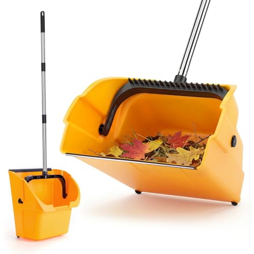 Jumbo Commercial Dustpan with Wheels & Comb Teeth - Heavy Duty 14.2 Rolling Debris Pan - Long Handle Extra Large Upright Dust Pan for Industrial Warehouse Garage Restaurant Sidewalk Outdoor - Yellow