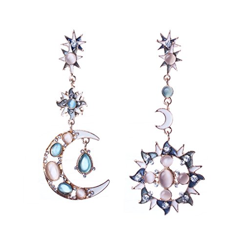 Women's Moon Sun Shining Forever Design Opal Stone Long Dangle Pierced Earrings