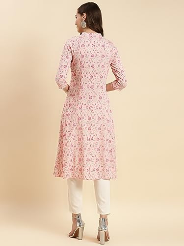 Image of rangita Peach Rayon Calf Length Printed A-line Kurti for Women | Kurta for Women
