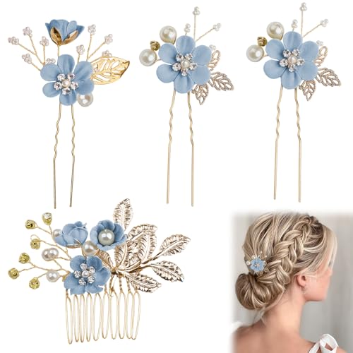 Menibeuty 4PCS Peinetas para el Pelo,Tocados de Pelo Boda,Azul Flor Pelo Tocado Novia,Horquillas Pelo Mujer Fiesta,Adorno Pelo Novia con Cristales,Peinetas Laterales para el Pelo,Tocados Invitada Boda