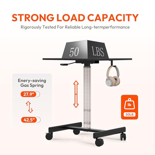 Image of Standing Desk on Wheels, Pneumatic Adjust, Carbon Fiber+Black