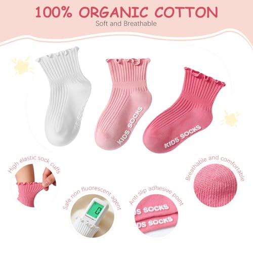 Image of SNOWIE SOFT 3-Pair Baby Ruffle Cuff Ankle Socks for Girls 1-3 Years Frilly Cotton Ribbed Sock, Breathable Stretch Dress Sock, Non-Slip Heel, Soft Casual Grip Socks for Toddlers Baby Shower Gifts