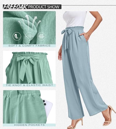 FREEOAK Wide Leg Pants Palazzo Flowy Business Casual for Women Work Loosey Summer Travel Soft Breathable Office Trousers Haze Blue M — view 3