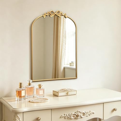 Image of Besdomus Bow Arched Gold Mirror: 22 inchx30 inch Gold Antique Vanity Wall Mounted Mirror - Vintage Baroque Traditional Ornate for Bedroom /Bathroom /Makeup Vanity - Wall Decor for Teen Girl