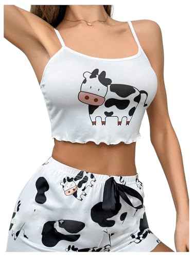 SHENHE Camiseta regata feminina linda estampa de vaca com alças finas para dormir, Branco, GG