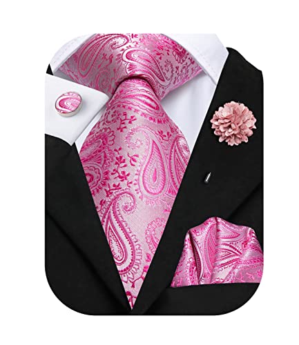 Hi-Tie Silk Men's Tie and Pocket Square Cufflinks Lapel Pin Set Jacquard Wedding Business Necktie for Formal, Pink Paisley Floral
