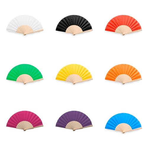 Lote 25 abanicos de madera natural y tela en colores variados. Con 16 varillas. Abanicos para eventos, detalles para los invitados a Bodas, Comuniones o Bautizo.