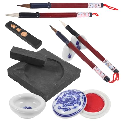 JOINPAYA Kit De Calligraphie Chinoise Complet Avec 4 Pinceaux Naturels 2 Bandes D'Encre Et Pierre À Encre Pour Débutants Et Bureau Coffret Cadeau Pratique