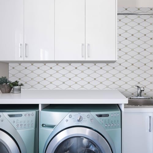 STICKGOO 10 Sheets Peel and Stick Backsplash, Pure White Marble Look PVC Mixed Metal Gold Kitchen Backsplash, Stick on Backsplash Wall Tiles for Kitchen, Bathroom, RV by STICKGOO - Used condition - Image 5