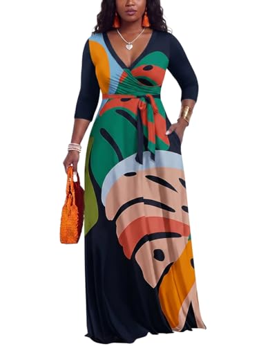 PerZeal Women’s Casual Maxi Dress V-Neck Wrap Waist Three-Quarter Sleeve Printed Dress for Summer Beach Vacation Multiple Patterns Available Medium