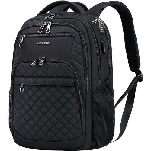 KROSER Laptop Backpack 17.3 Inch Large Travel Computer Backpack Water-Repellent Daypack with USB Charging Port & Headphone Interface RFID Pockets, Quilted Black - Image 4
