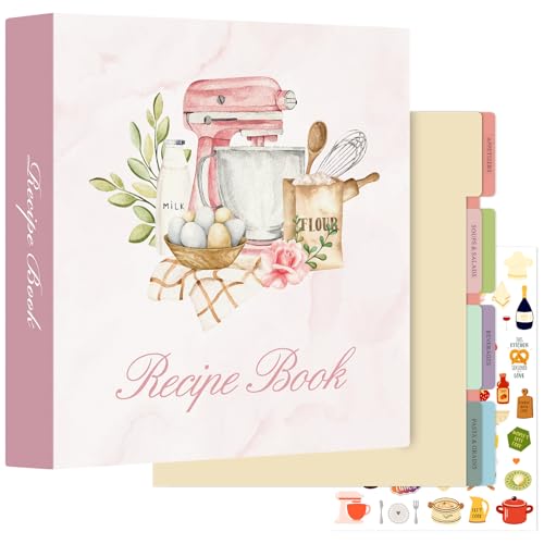 Lanpn Recipe Binder 8.5x11 3 Ring Kit, Waterproof Recipe Book Blank Organizer Recipe Binder to Write in Your Own Recipes with 60 Plastic Sleeves,116 Recipes, Dividers,Labels & Stickers, Pink by Lanpn - Used condition - CA$34.70
