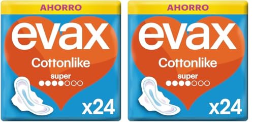 Evax Cottonlike Compresas con Alas, Super, 24 Unidades, Hasta 100% Limpia y 0% Olor (Paquete de 2)
