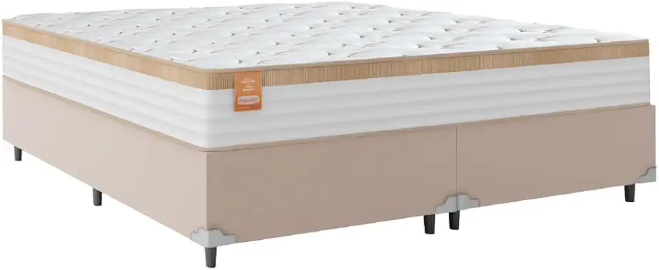 Cama Box Casal Queen Colchão Molas Ensacadas Real 158x198x65cm Branco/Bege - Suporta até 130Kg Por Pessoa