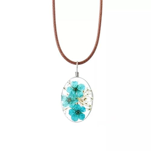 Damen Halskette echte getrocknete Blumen mit Lederbandkette (Blau)
