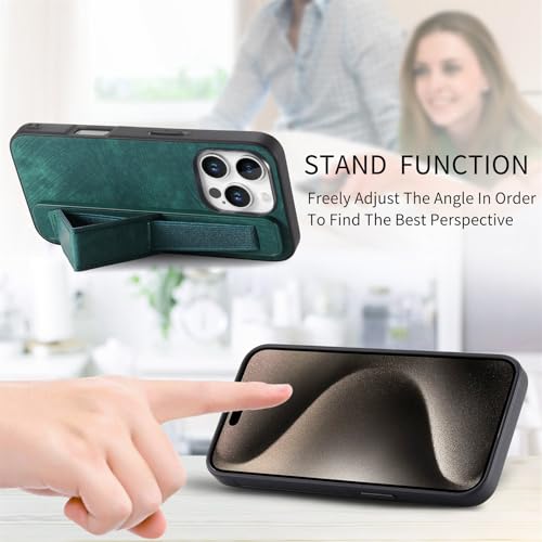 Omio Designed for iPhone 16 Pro Max Leather Case with Stand & Strap, Wrist Strap Leather Back Cover Hard PC Shockproof Finger Grip Case for Men Women Girls, Green by Omio - Used condition - Image 5