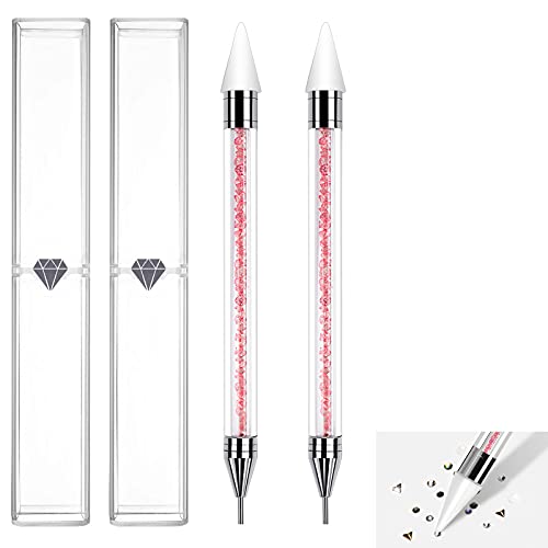 BQAN 2 Pieces Wax Pencil for Rhinestones, Dual-ended Rhinestone Picker Dotting Tool, Wax Pen for DIY Nail Art, Rhinestone Gems Crystals Studs Picker With Pink Acrylic Handle (Pink & Pink)