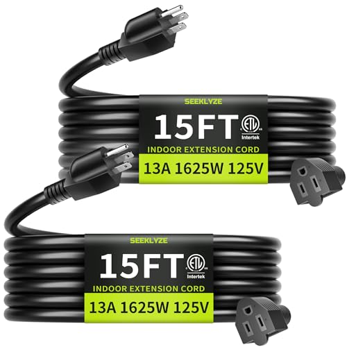 16/3 Black 15 FT (2Pack) Extension Cord, Indoor Extension Cord for Laptops, Coffee Makers, Office...