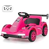 OLAKIDS Electric Go Kart for Kids, 6V Battery Powered Drift Kart with Remote Control, Power Display, Bluetooth, Story, Music, 3-Point Safety Belt, Crazy Cart for Boys Girls Aged 3+ (Pink)