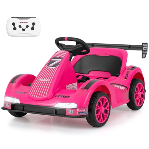 OLAKIDS Electric Go Kart for Kids, 6V Battery Powered Drift Kart with Remote Control, Power Display, Bluetooth, Story, Music, 3-Point Safety Belt, Crazy Cart for Boys Girls Aged 3+ (Pink)