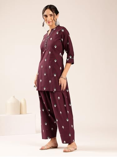 Image of Vbuyz Women's Printed & sequience work A-line Cotton Pink Kurta Pant With Dupatta