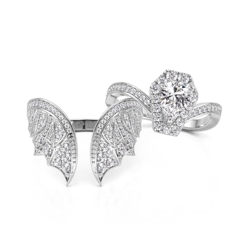 Image of Jeulia Unique Gothic Design 925 Sterling Silver Pear Cut Bat Coffin Promise Engagement Wedding Ring Set with Diamond Wings Bridal Jewelry Gift Box