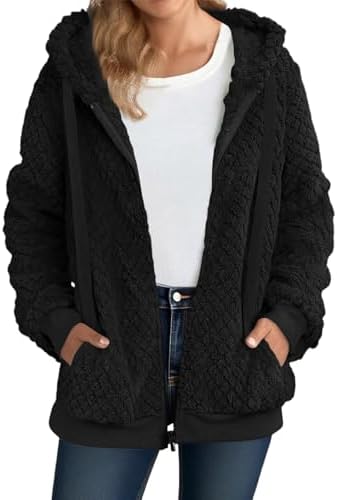 Teddyjacke Damen Winter Warm Fleecejacke mit kapuze Flauschig Winterjacke | Einfarbige Teddy Fleece Jacke Herbst Winter Übergangsjacke Locker Kuscheljacke mit Taschen Reißverschlus